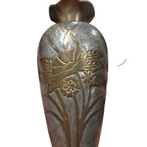 Vintage Solid Brass Bud Vase Hand Etched Floral Made In India 5.5” Ruffled Rim